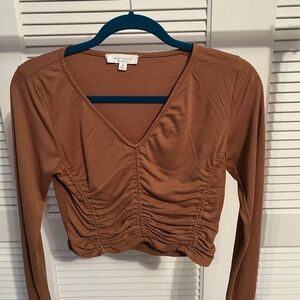 Brown Ruched V-Neck Women's Top